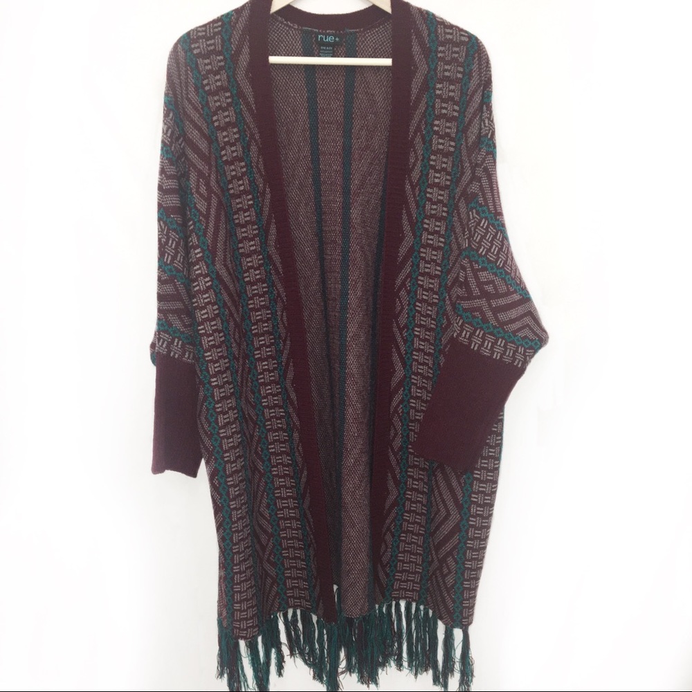 Rue+ Plus Size boho fringe open front sweater